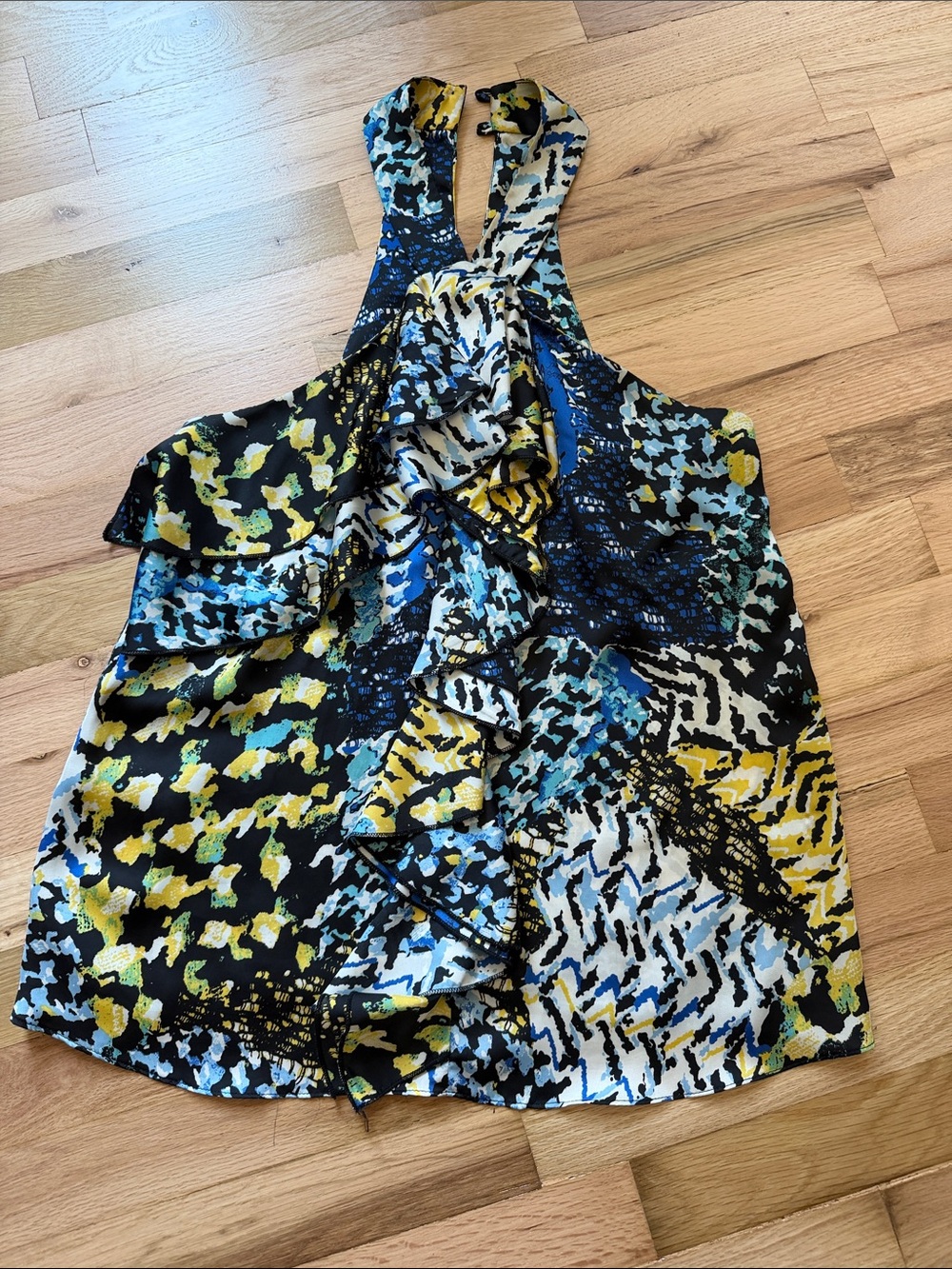Gibson Mixed Print Ruffle Halter Top in Black, Yellow & Blue